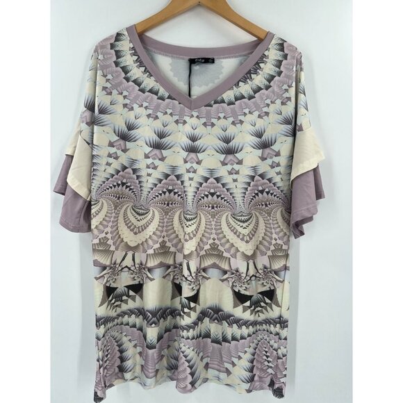 Lily By Firmiana Women Size L Bohemian Multicolor Ruffle Sleeve V-Neck Tunic Top - Picture 1 of 11